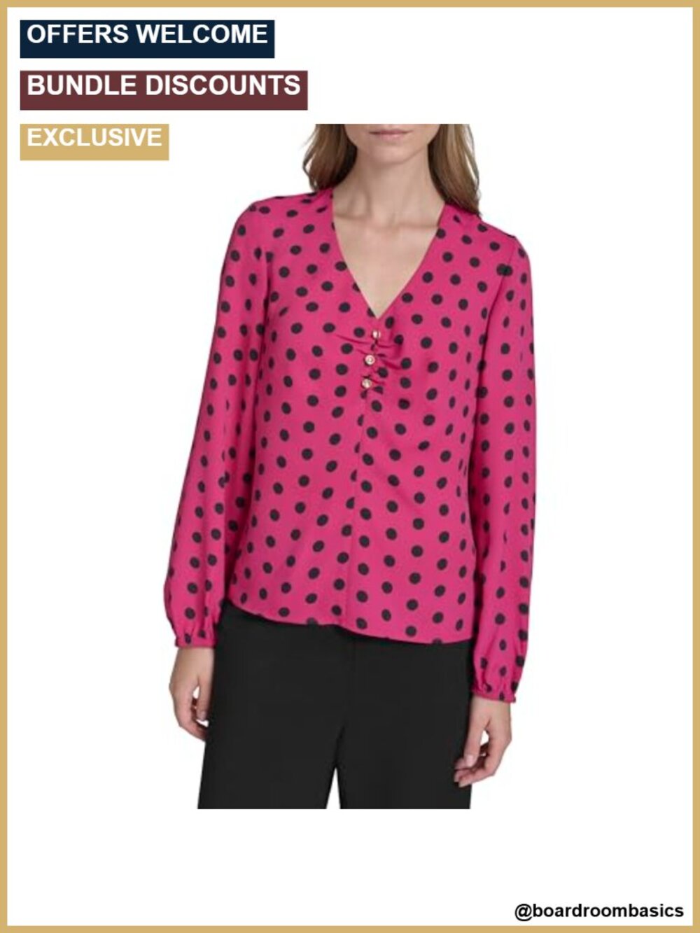 Halston Polka Dot Front Rouched Long Sleeve Blouse - 100% Polyester